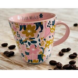 NEW Purr Mama Blue & Pink Cat Cats Yellow Flowers 16 oz Coffee Tea Kitten Mug